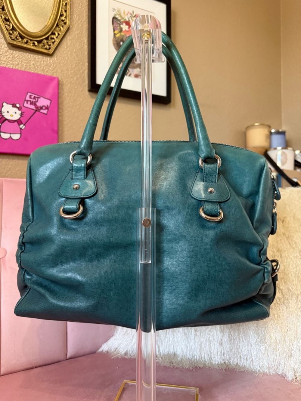 Authentic FURLA Teal Green Leather Satchel Shoulder Bag w Silver Hardware - Picture 2 of 16